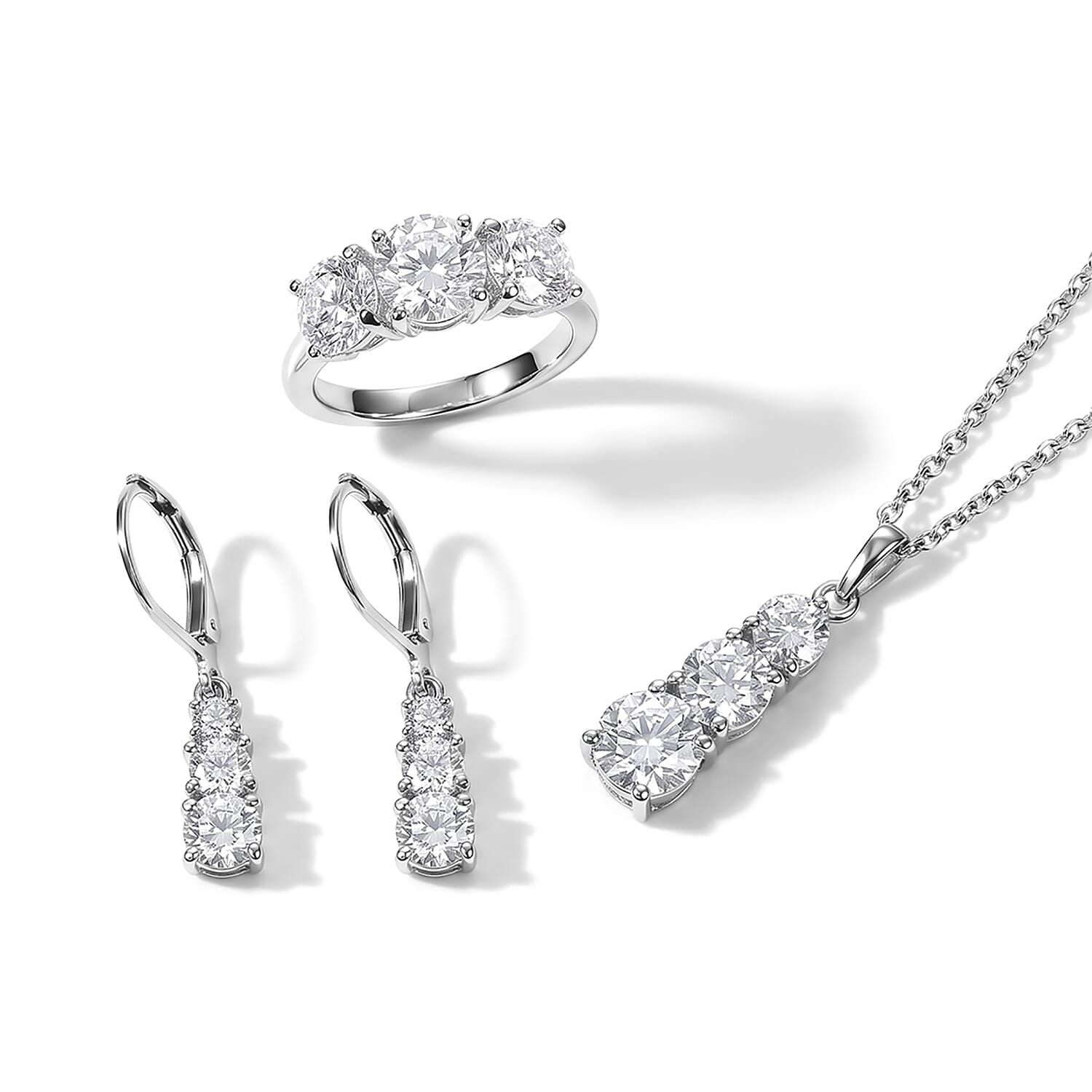 EverTrue Moissanite 6.90 ctw Earrings, Ring (Size 5) and Pendant in Platinum Bond with Stainless Steel Necklace 20 Inches