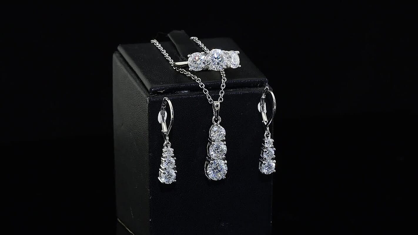 EverTrue Moissanite 6.90 ctw Earrings, Ring (Size 5) and Pendant in Platinum Bond with Stainless Steel Necklace 20 Inches