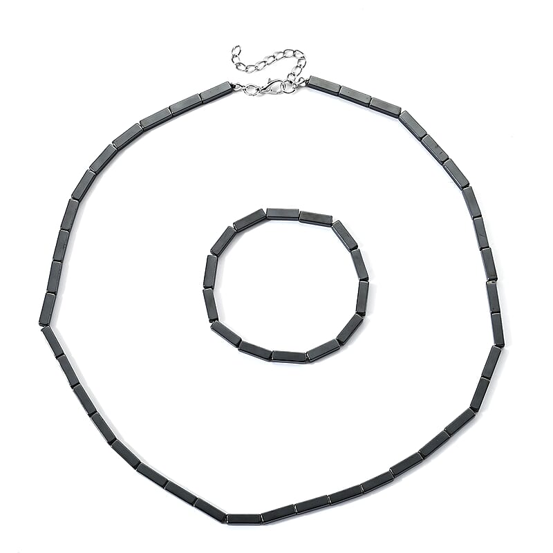 Hematite 205.00 ctw Stretch Bracelet (7-7.5In) and Necklace (21.25-23.25 Inches) in Silvertone