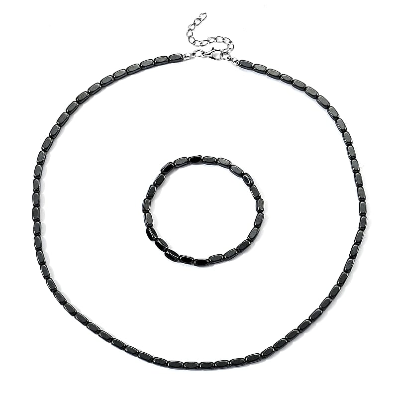 Hematite 170.00 ctw Stretch Bracelet (7-7.5In) and Necklace (21.25-23.25 Inches) in Silvertone