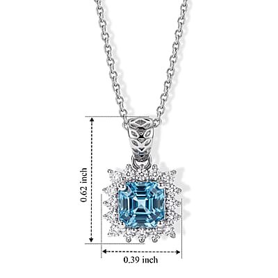 Mirage Collection Premium Asscher Cut Cambodian Blue Zircon and Moissanite 1.60 ctw Pendant Necklace (20 Inches) in Rhodium Over Sterling Silver