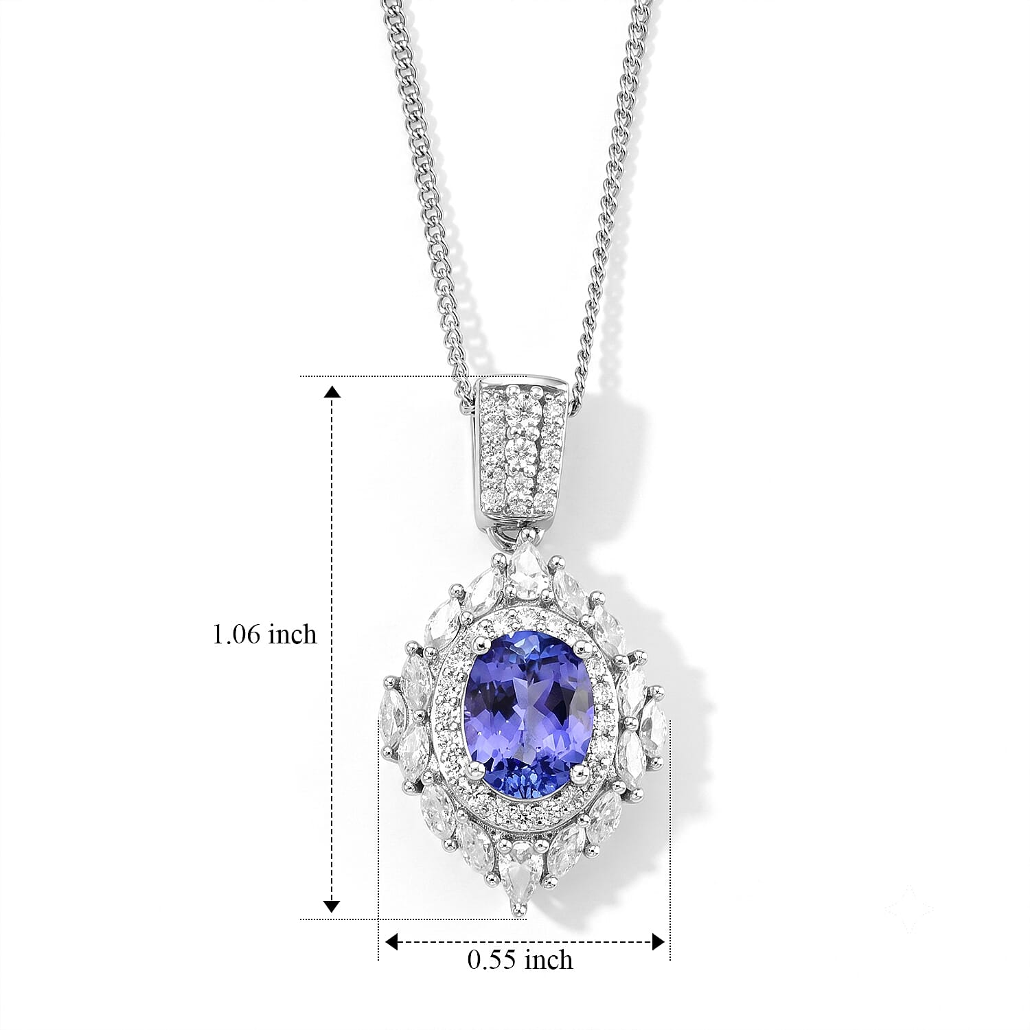 D'Joy Tanzanite and Moissanite 2.00 ctw Pendant Necklace in Rhodium Over Sterling Silver 18 Inches