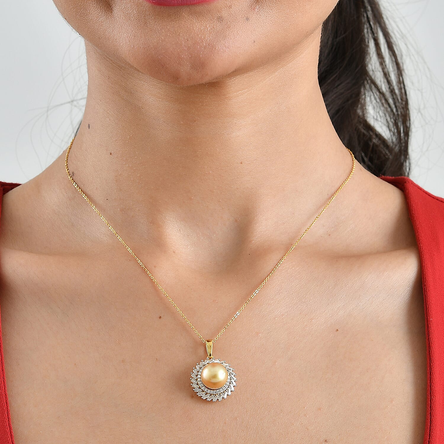 D'Joy Premium South Sea Pearl and Moissanite 1.00 ctw Pendant Necklace in 18K Vermeil Yellow Gold Over Sterling Silver 20 Inches