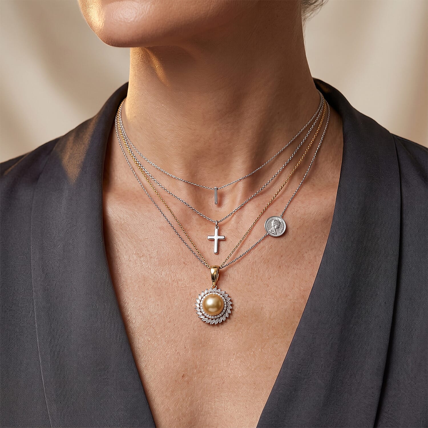 D'Joy Premium South Sea Pearl and Moissanite 1.00 ctw Pendant Necklace in 18K Vermeil Yellow Gold Over Sterling Silver 20 Inches