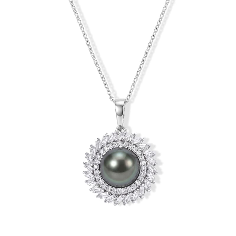 D'Joy Premium Tahitian Pearl and Moissanite 1.00 ctw Pendant Necklace in Rhodium Over Sterling Silver 20 Inches
