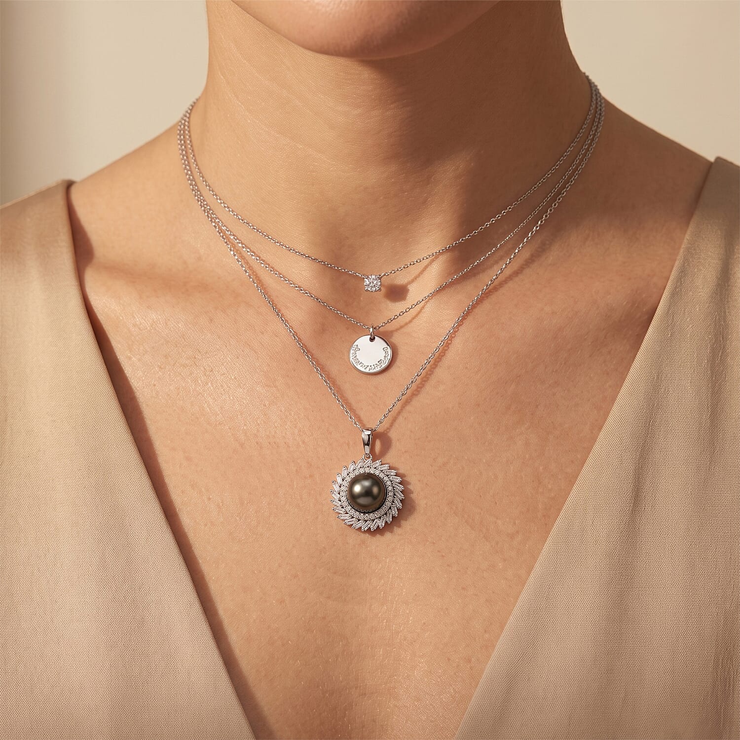 D'Joy Premium Tahitian Pearl and Moissanite 1.00 ctw Pendant Necklace in Rhodium Over Sterling Silver 20 Inches