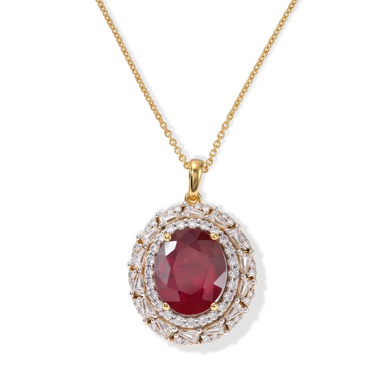 D'Joy Premium Niassa Ruby (FF) and Moissanite 8.10 ctw Pendant Necklace in 18K Vermeil Yellow Gold Over Sterling Silver 18 Inches