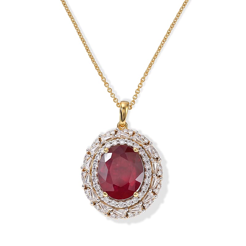 D'Joy Premium Niassa Ruby (FF) and Moissanite 8.10 ctw Pendant Necklace in 18K Vermeil Sterling Yellow Gold Over Silver 18 Inches