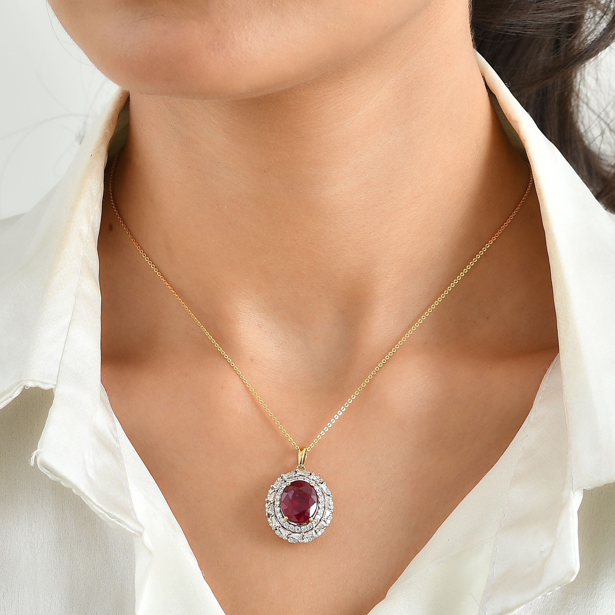 D'Joy Premium Niassa Ruby (FF) and Moissanite 8.10 ctw Pendant Necklace in 18K Vermeil Sterling Yellow Gold Over Silver 18 Inches