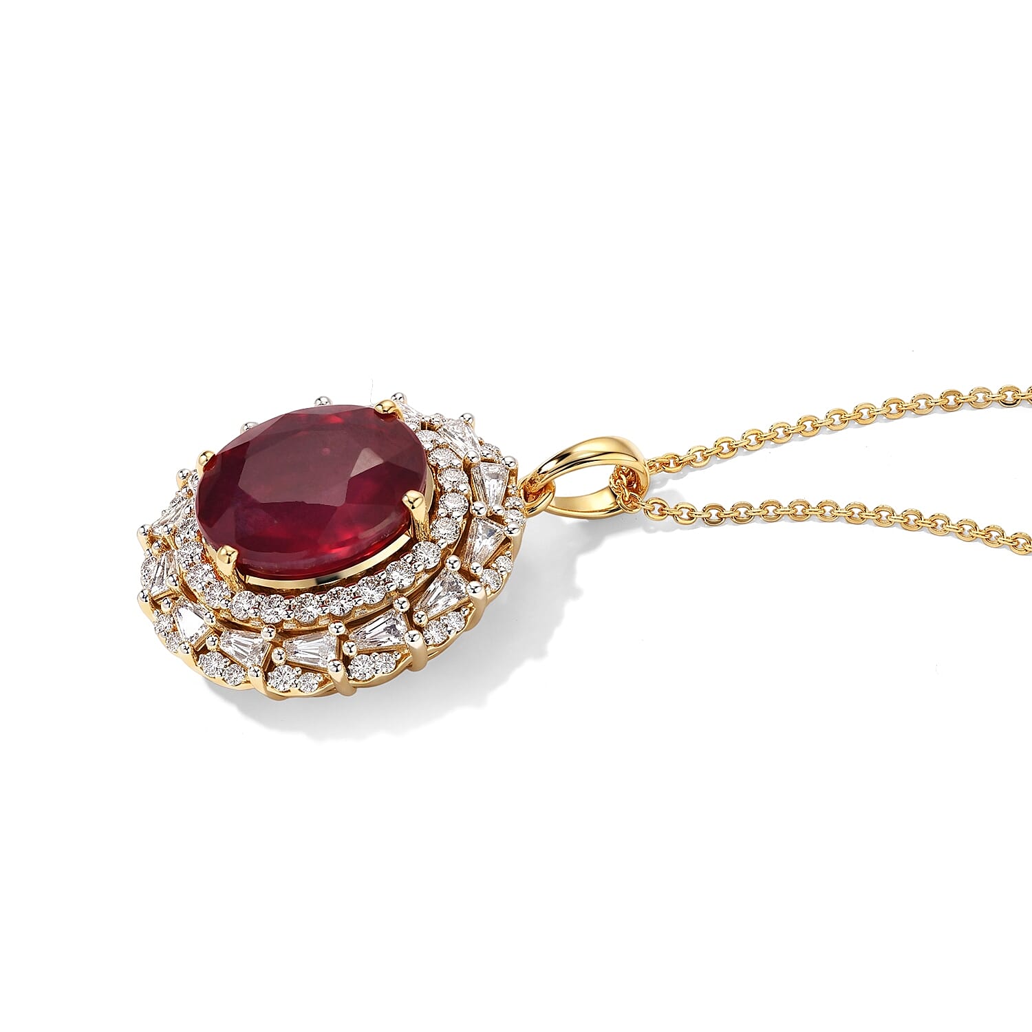 D'Joy Premium Niassa Ruby (FF) and Moissanite 8.10 ctw Pendant Necklace in 18K Vermeil Sterling Yellow Gold Over Silver 18 Inches