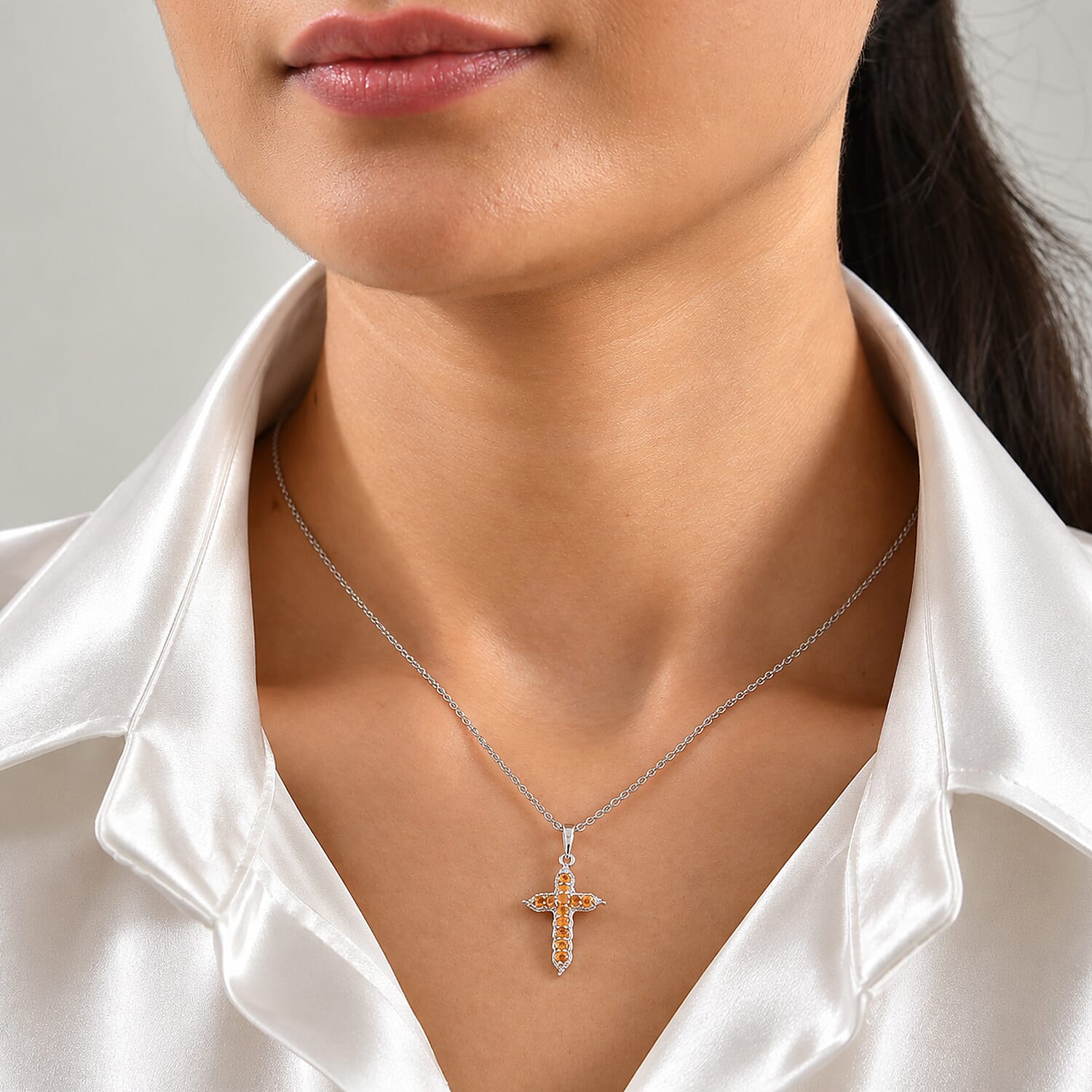 D'Joy Jalisco Fire Opal 0.20 ctw Pendant in Rhodium Over Sterling Silver with Stainless Steel Necklace 20 Inches