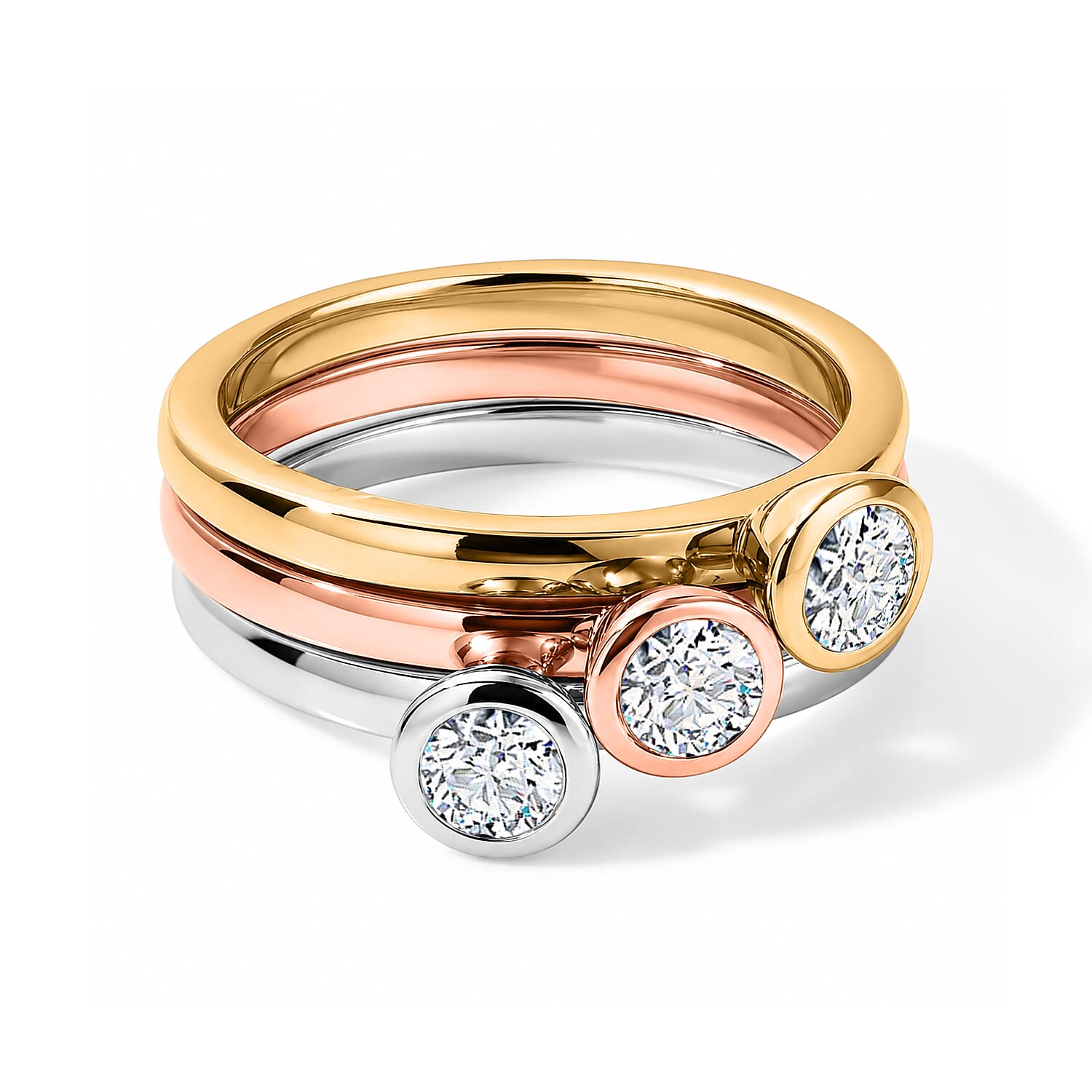 Luxuriant Lab Grown Diamond G-H SI 1.00 ctw Set of 3 Ring in 18K Vermeil YRG and Rhodium Over Sterling Silver (Size 5.0)