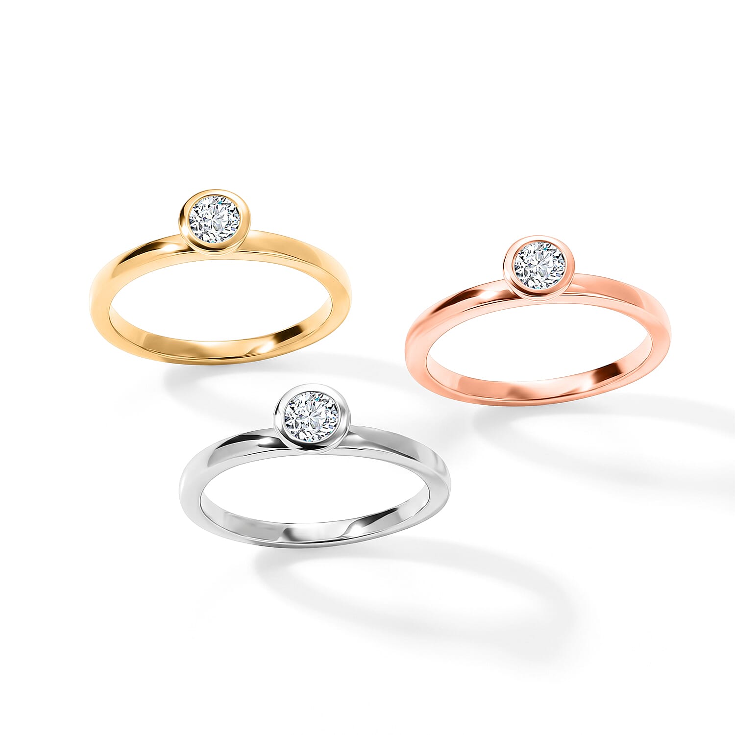Luxuriant Lab Grown Diamond G-H SI 1.00 ctw Set of 3 Ring in 18K Vermeil YRG and Rhodium Over Sterling Silver (Size 5.0)