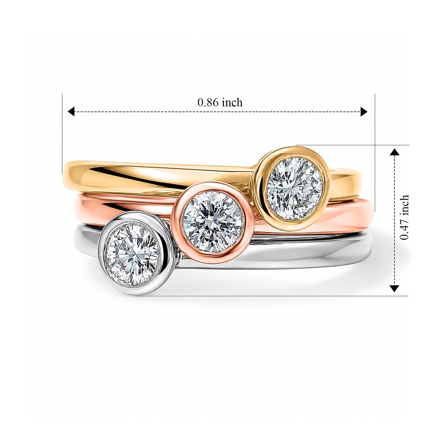 Luxuriant Lab Grown Diamond G-H SI 1.00 ctw Set of 3 Ring in 18K Vermeil YRG and Rhodium Over Sterling Silver (Size 5.0)