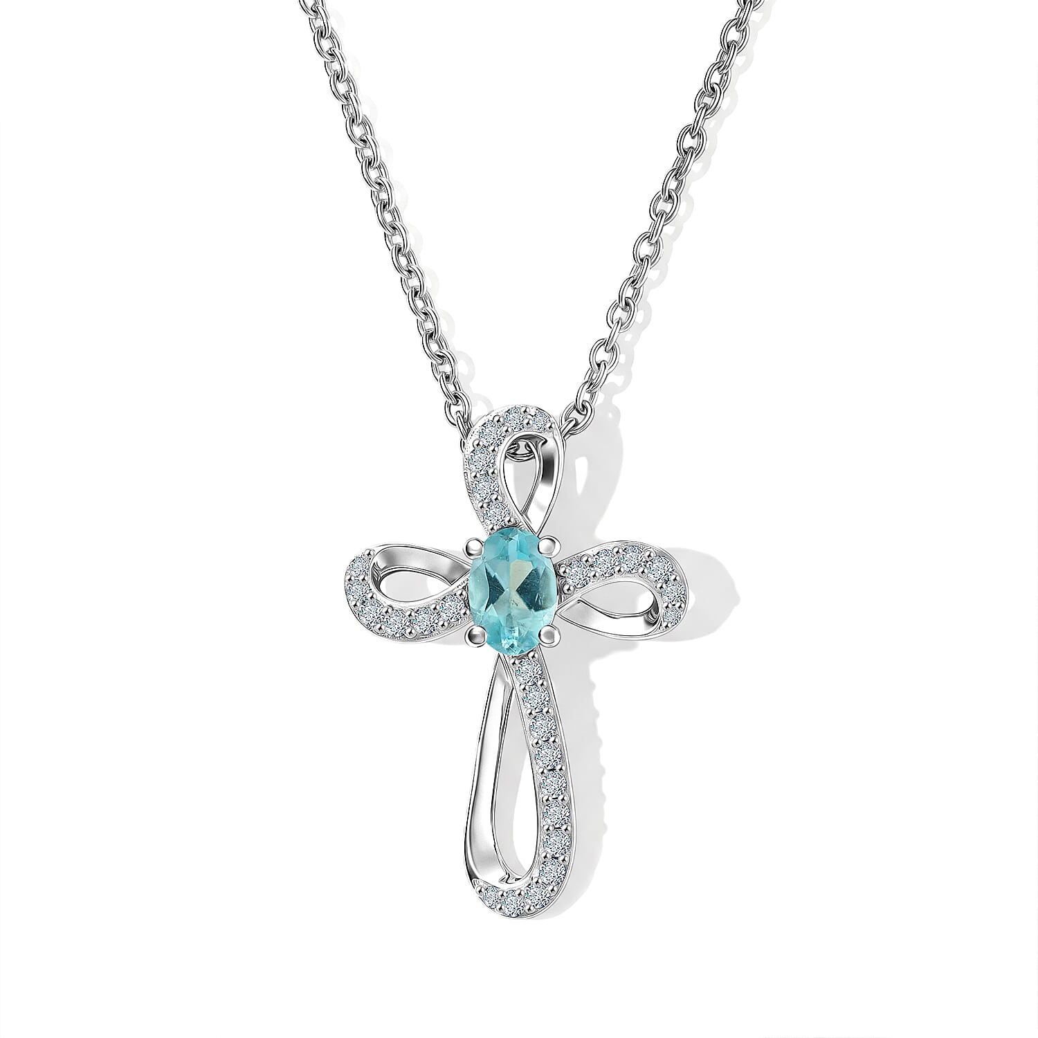 D'Joy Blue Apatite and White Zircon 0.80 ctw Cross Pendant in Rhodium Over Sterling Silver with Stainless Steel Necklace 20 Inches