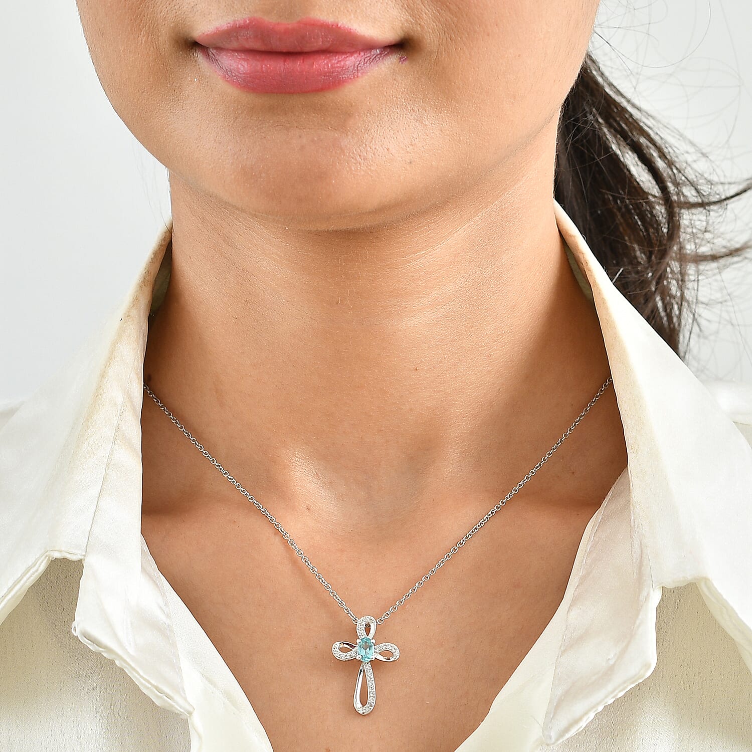 D'Joy Blue Apatite and White Zircon 0.80 ctw Cross Pendant in Rhodium Over Sterling Silver with Stainless Steel Necklace 20 Inches