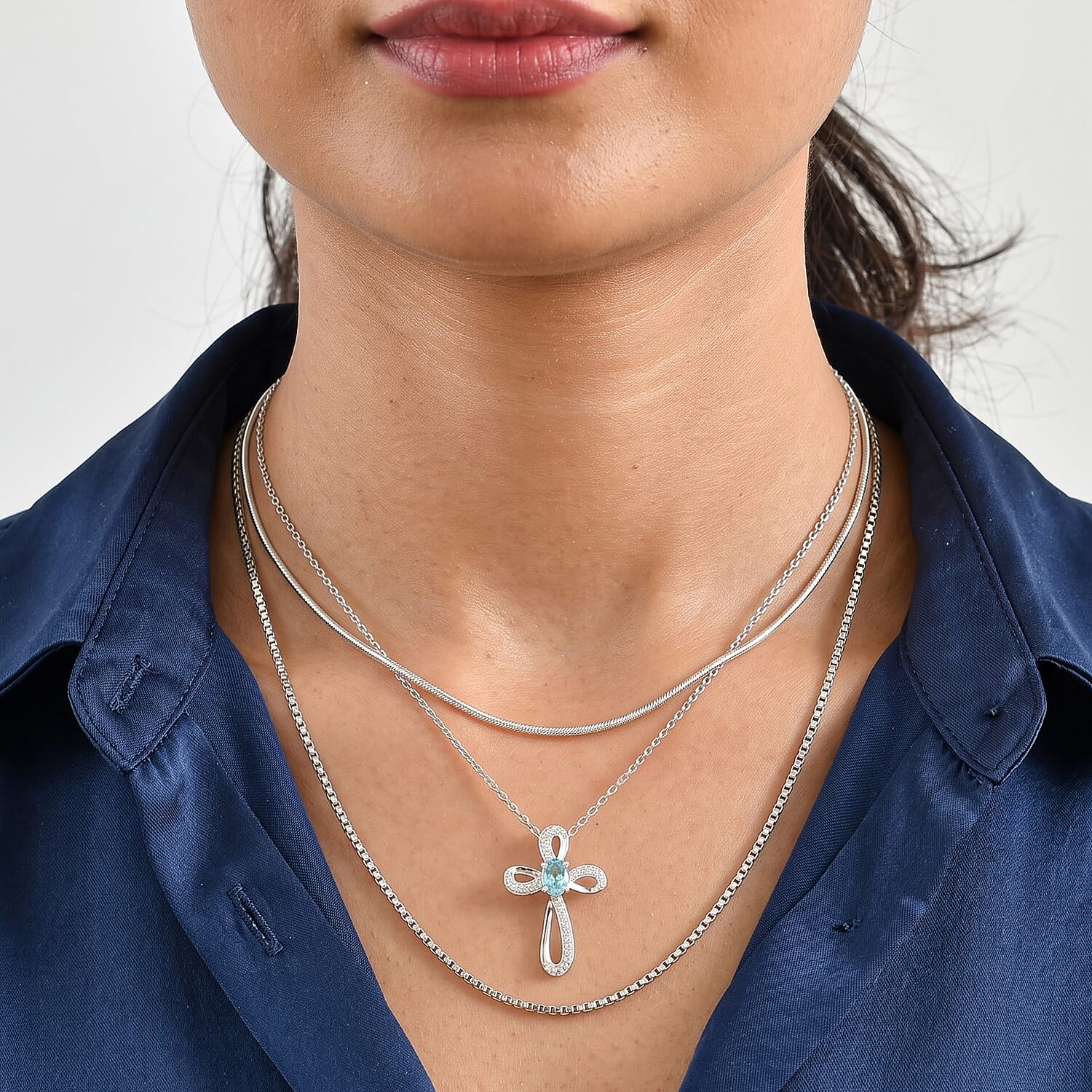 D'Joy Blue Apatite and White Zircon 0.80 ctw Cross Pendant in Rhodium Over Sterling Silver with Stainless Steel Necklace 20 Inches