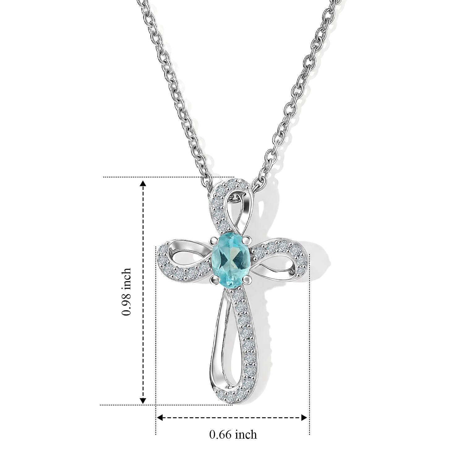 D'Joy Blue Apatite and White Zircon 0.80 ctw Cross Pendant in Rhodium Over Sterling Silver with Stainless Steel Necklace 20 Inches
