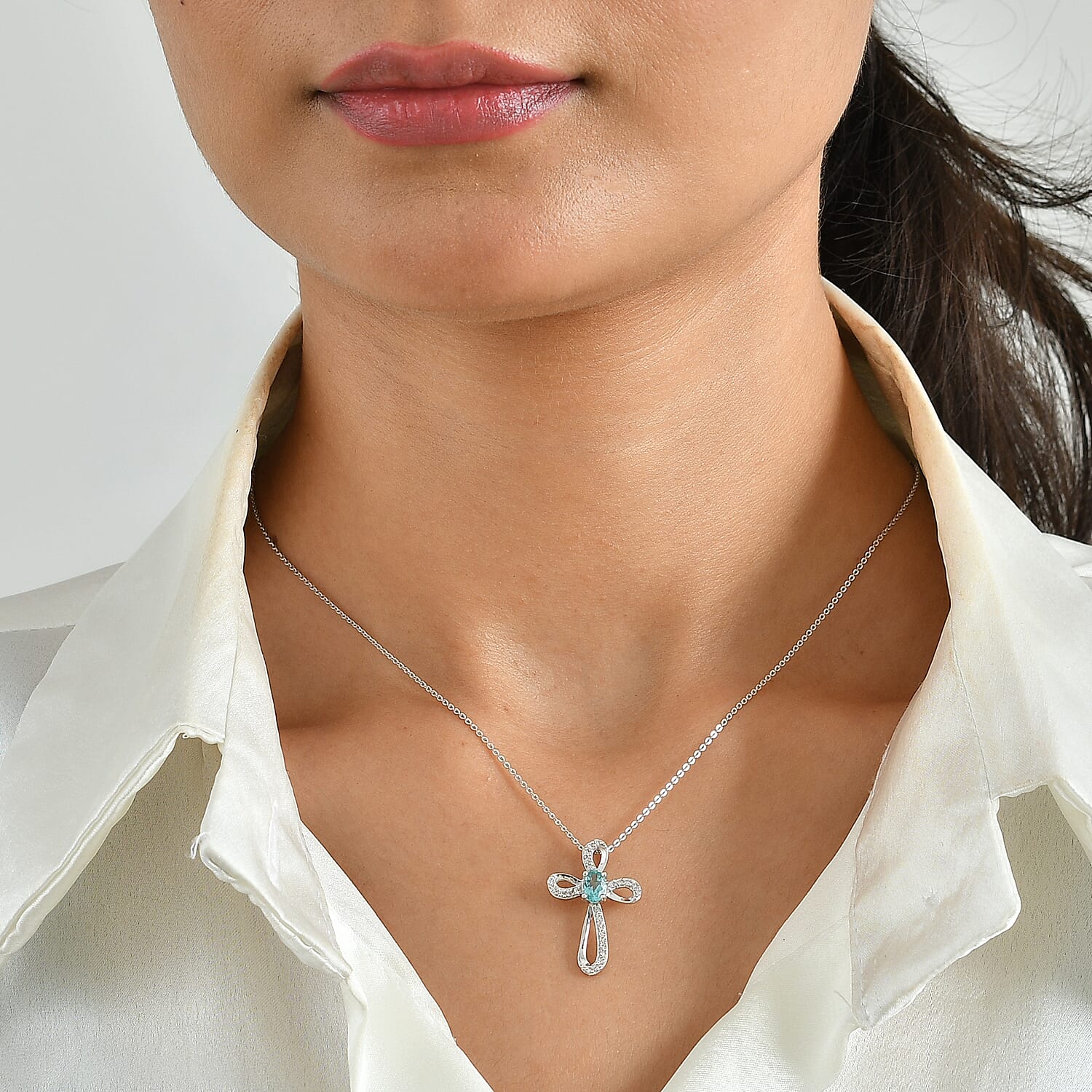 D'Joy Swiss Blue Topaz and White Zircon 0.80 ctw Cross Pendant in Rhodium Over Sterling Silver with Stainless Steel Necklace 20 Inches
