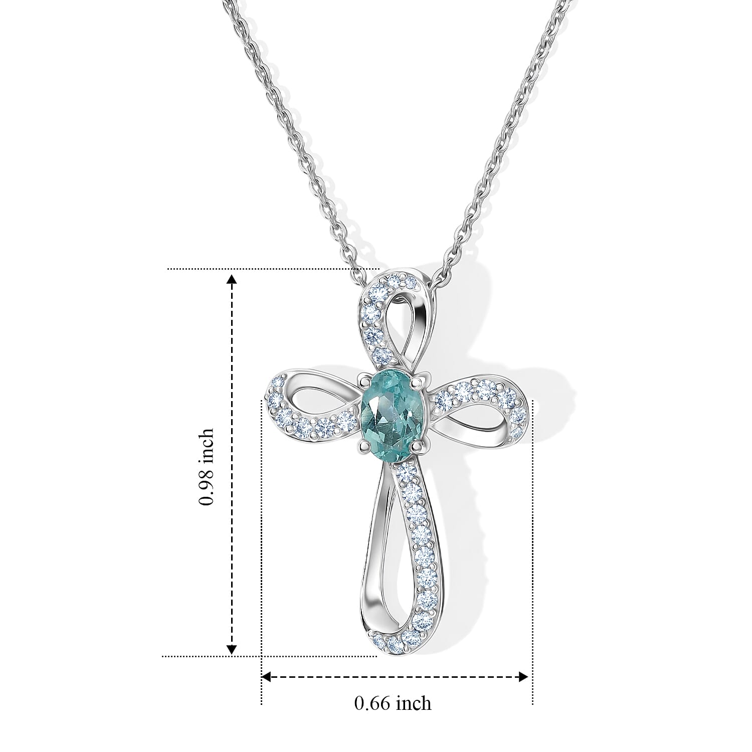 D'Joy Swiss Blue Topaz and White Zircon 0.80 ctw Cross Pendant in Rhodium Over Sterling Silver with Stainless Steel Necklace 20 Inches