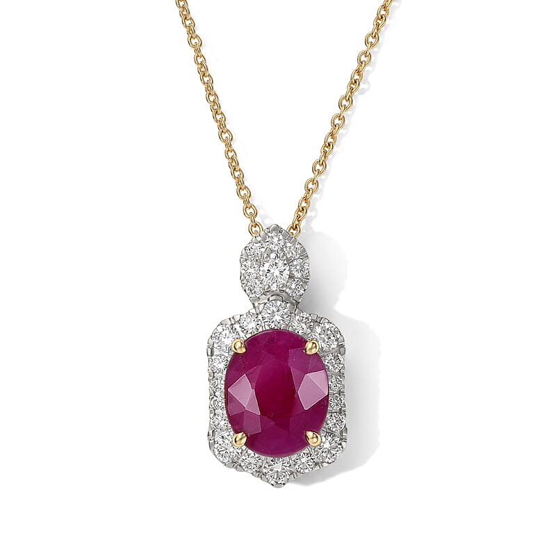 Certified and Appraised AAA Ruby and Luxuriant Lab Grown Diamond G-H SI 4.72 ctw Pendant Necklace in 10K Yellow Gold 18 Inches