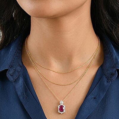 Certified and Appraised AAA Ruby and Luxuriant Lab Grown Diamond G-H SI 4.72 ctw Pendant Necklace in 10K Yellow Gold 18 Inches