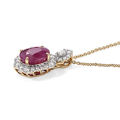 Certified and Appraised AAA Ruby and Luxuriant Lab Grown Diamond G-H SI 4.72 ctw Pendant Necklace in 10K Yellow Gold 18 Inches