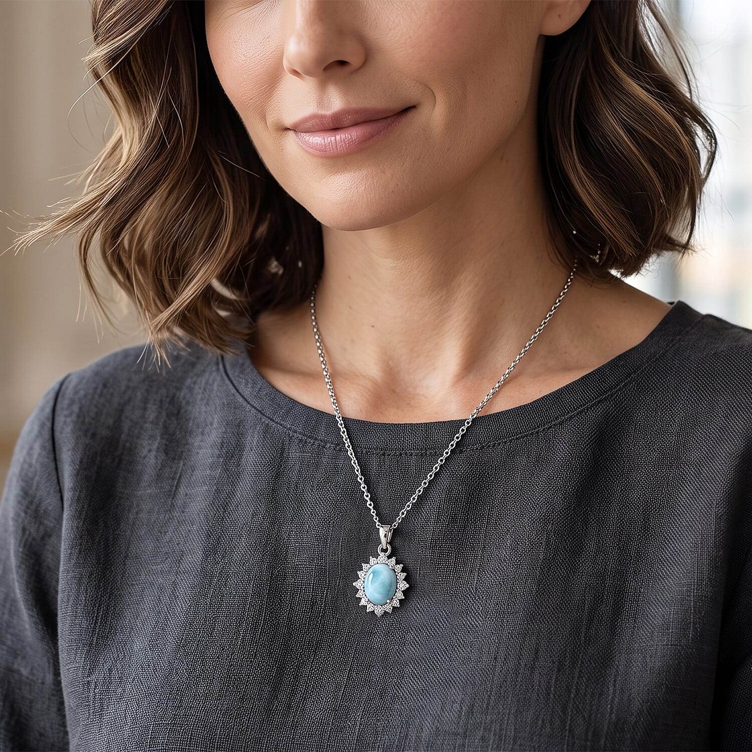 D'Joy Larimar and White Zircon 4.65 ctw Pendant in Rhodium Over Sterling Silver with Stainless Steel Necklace 20 Inches