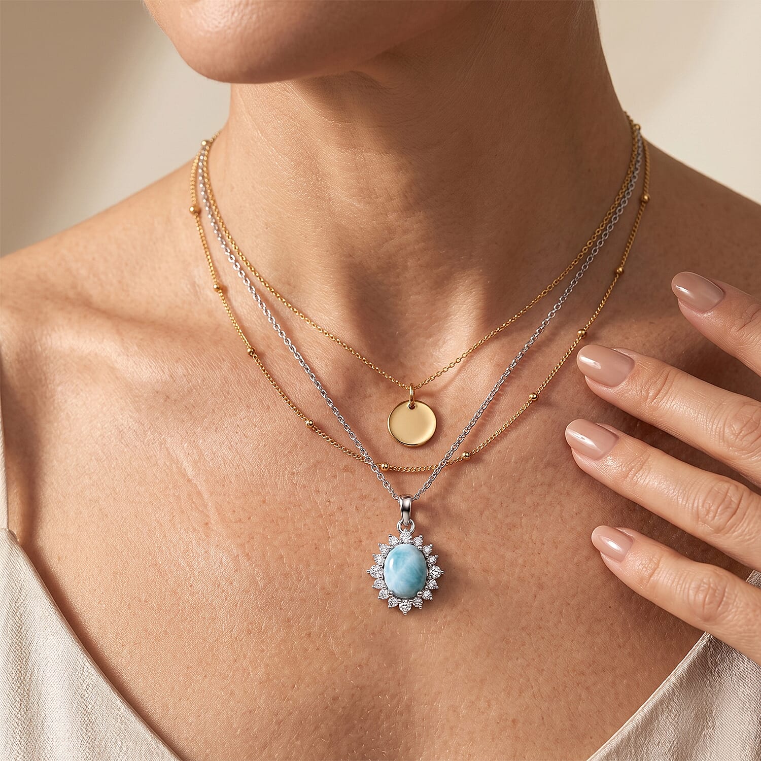 D'Joy Larimar and White Zircon 4.65 ctw Pendant in Rhodium Over Sterling Silver with Stainless Steel Necklace 20 Inches