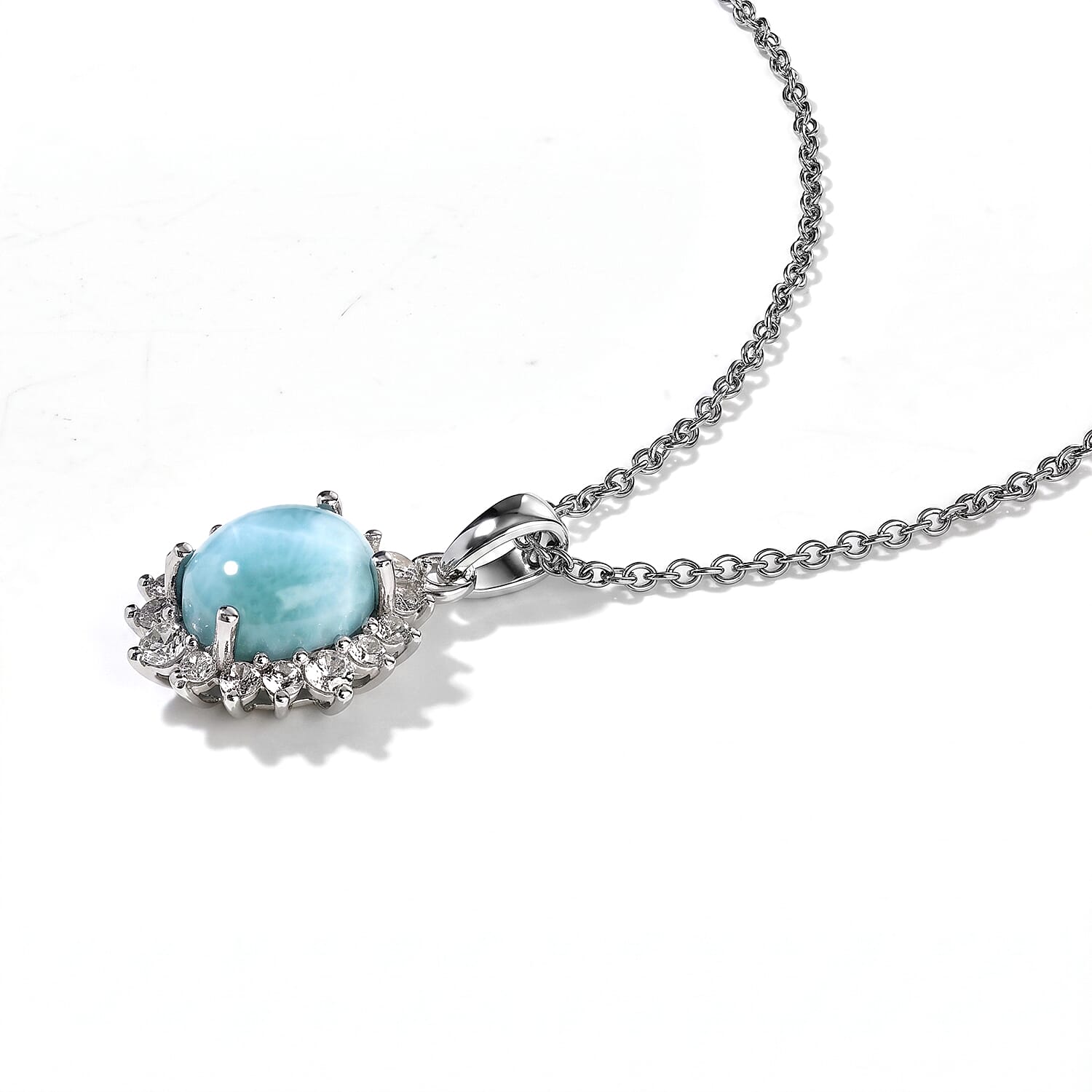 D'Joy Larimar and White Zircon 4.65 ctw Pendant in Rhodium Over Sterling Silver with Stainless Steel Necklace 20 Inches