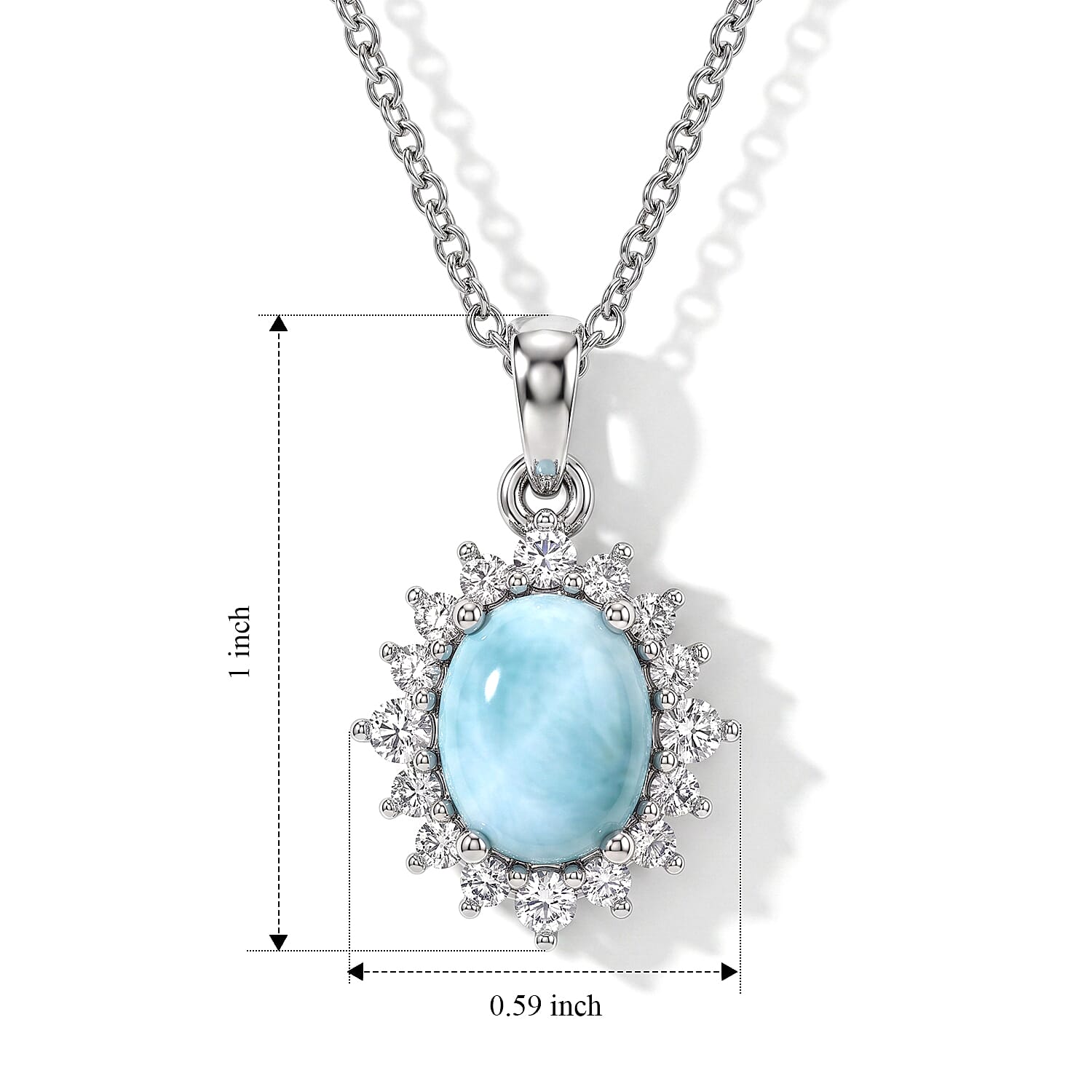 D'Joy Larimar and White Zircon 4.65 ctw Pendant in Rhodium Over Sterling Silver with Stainless Steel Necklace 20 Inches