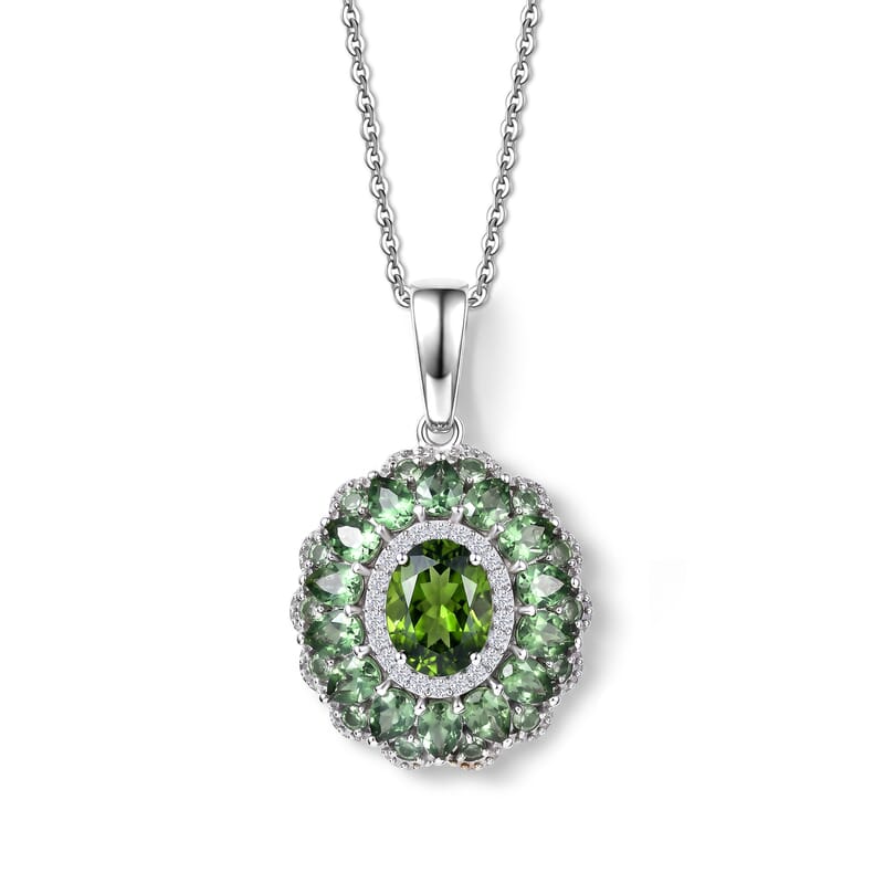 D'Joy Premium Natural Green Apatite and Moissanite 4.80 ctw Evergreen Elegance Pendant Necklace in Rhodium Over Sterling Silver 20 Inches
