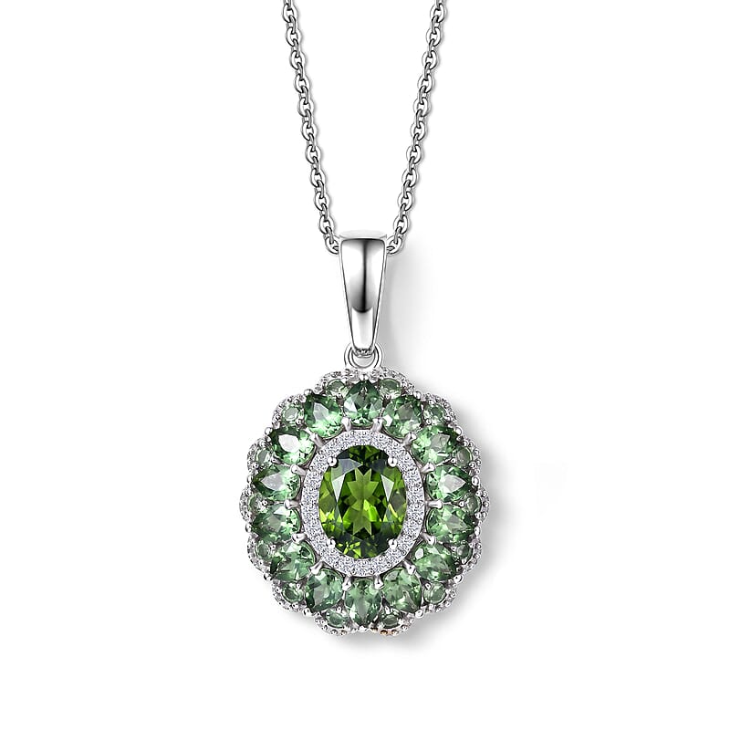 D'Joy Premium Natural Green Apatite and Moissanite 4.80 ctw Pendant Necklace in Rhodium Over Sterling Silver 20 Inches