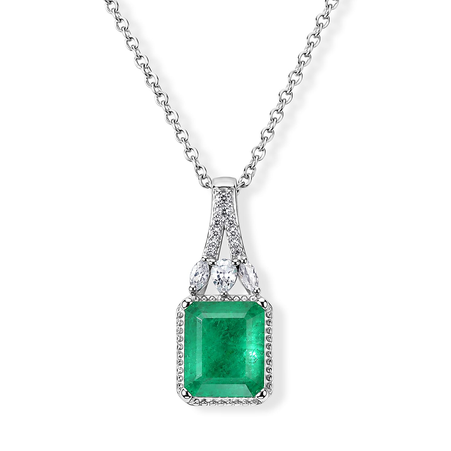 EverTrue Emeraldine Triplet Quartz and White Zircon 7.60 ctw Pendant in Platinum Bond with Stainless Steel Necklace 20 Inches