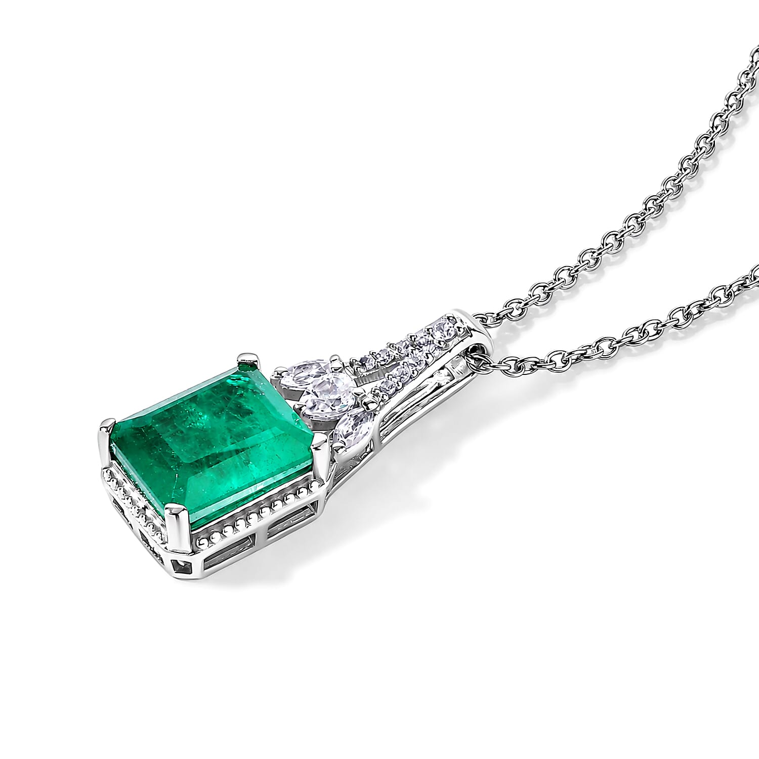 EverTrue Emeraldine Triplet Quartz and White Zircon 7.60 ctw Pendant in Platinum Bond with Stainless Steel Necklace 20 Inches