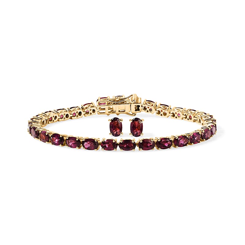 D'Joy Premium Orissa Rhodolite Garnet 16.00 ctw Vineyard Glow Earrings and Bracelet (6.50In) in 18K Vermeil Yellow Gold Over Sterling Silver