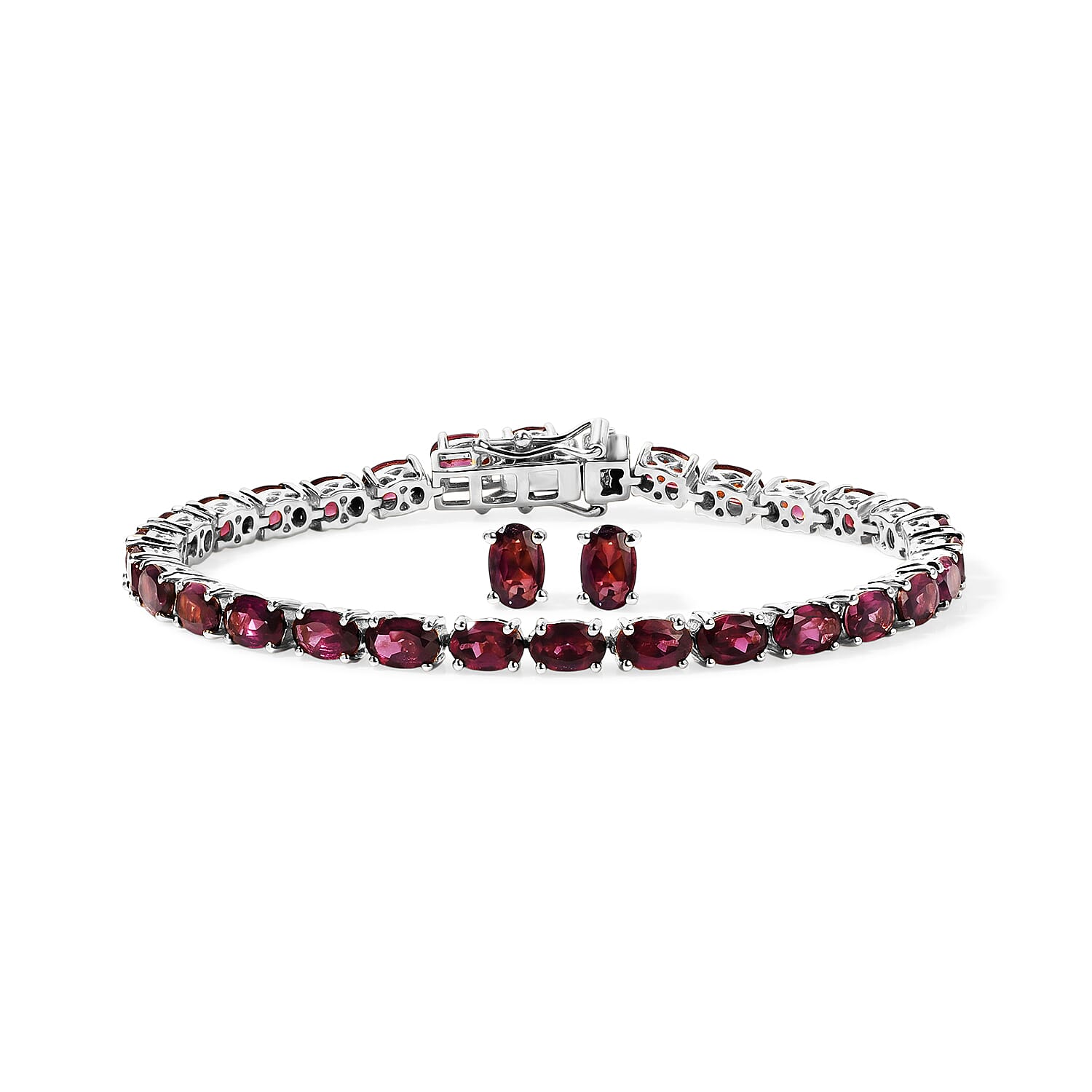 D'Joy Premium Orissa Rhodolite Garnet 17.65 ctw Vineyard Glow Earrings and Bracelet (7.25In) in Rhodium Over Sterling Silver