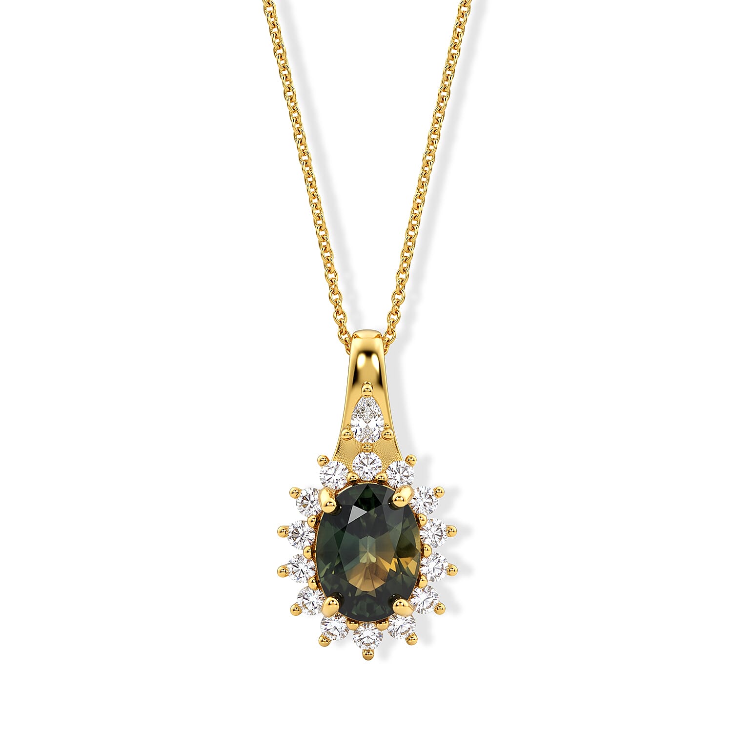 D'Joy Premium Green Sapphire and Moissanite 2.20 ctw Pendant Necklace in 18K Vermeil Yellow Gold Over Sterling Silver 20 Inches