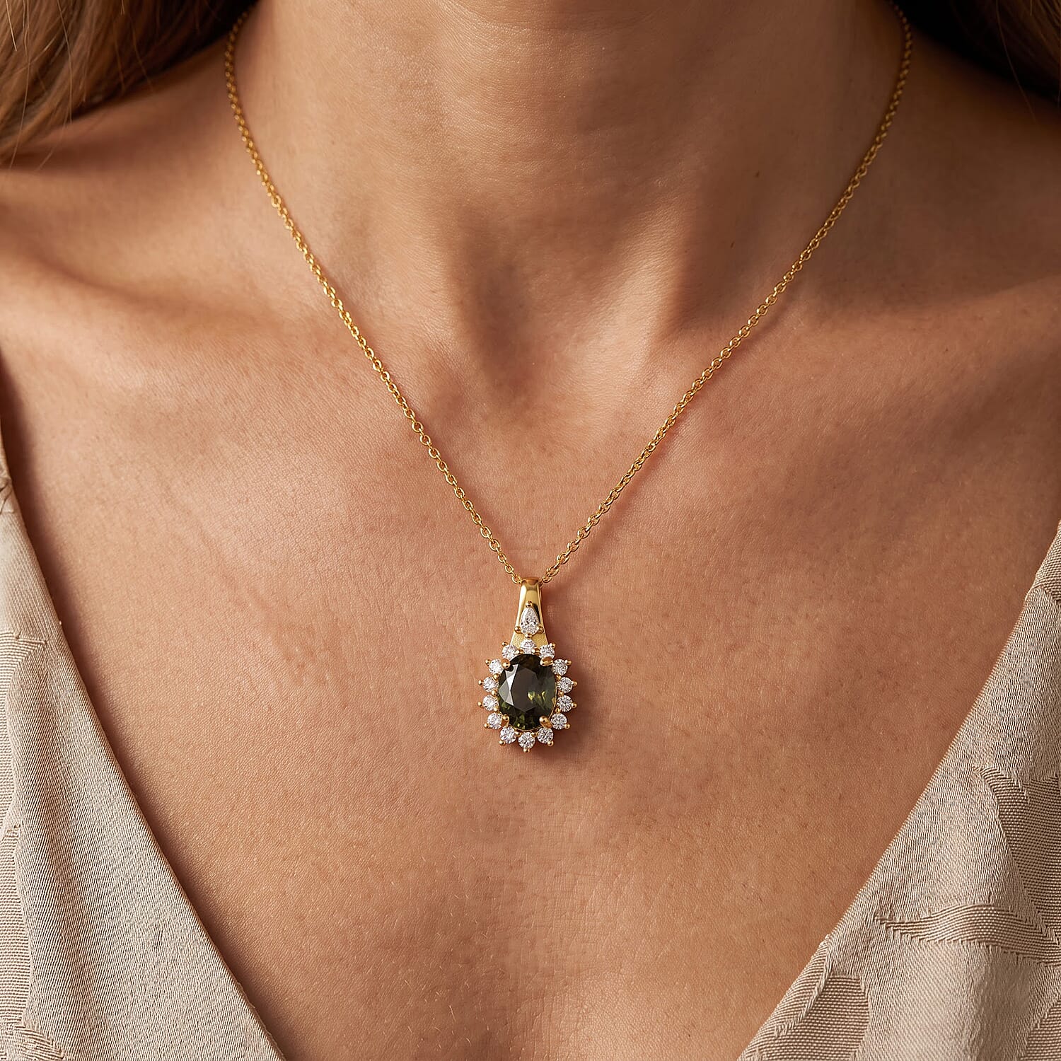 D'Joy Premium Green Sapphire and Moissanite 2.20 ctw Pendant Necklace in 18K Vermeil Yellow Gold Over Sterling Silver 20 Inches