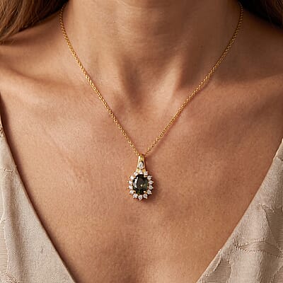 D'Joy Premium Green Sapphire and Moissanite 2.20 ctw Pendant Necklace in 18K Vermeil Yellow Gold Over Sterling Silver 20 Inches