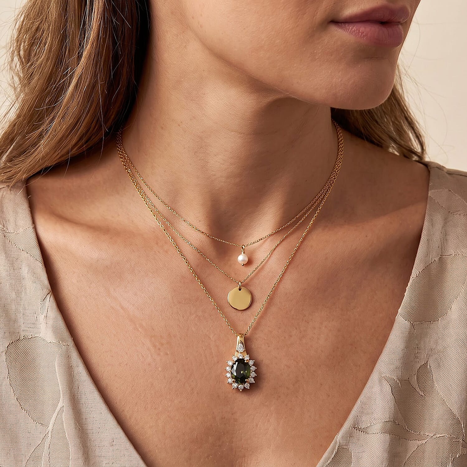 D'Joy Premium Green Sapphire and Moissanite 2.20 ctw Pendant Necklace in 18K Vermeil Yellow Gold Over Sterling Silver 20 Inches