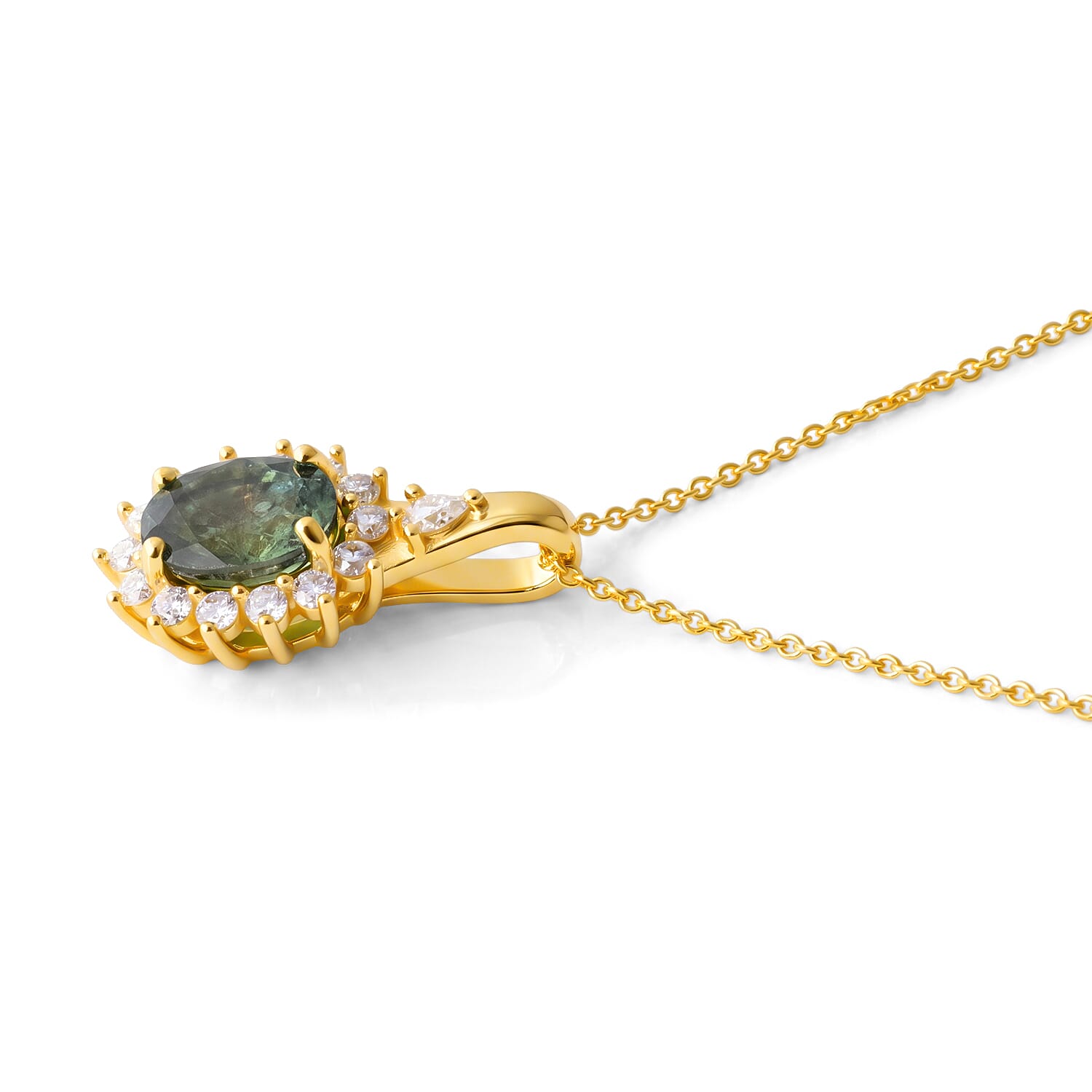 D'Joy Premium Green Sapphire and Moissanite 2.20 ctw Pendant Necklace in 18K Vermeil Yellow Gold Over Sterling Silver 20 Inches