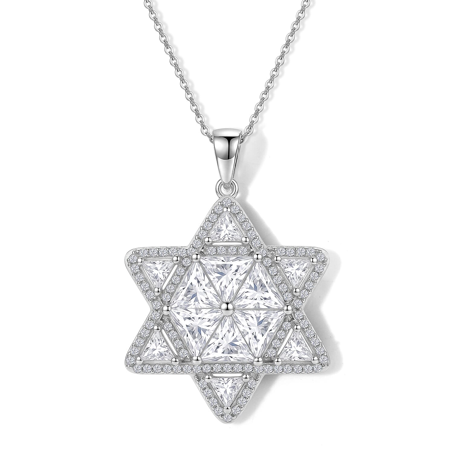 D'Joy Moissanite (Triangle 6mm) Star of Light Pendant Necklace (20 Inches) in Rhodium Over Sterling Silver 6.20 ctw