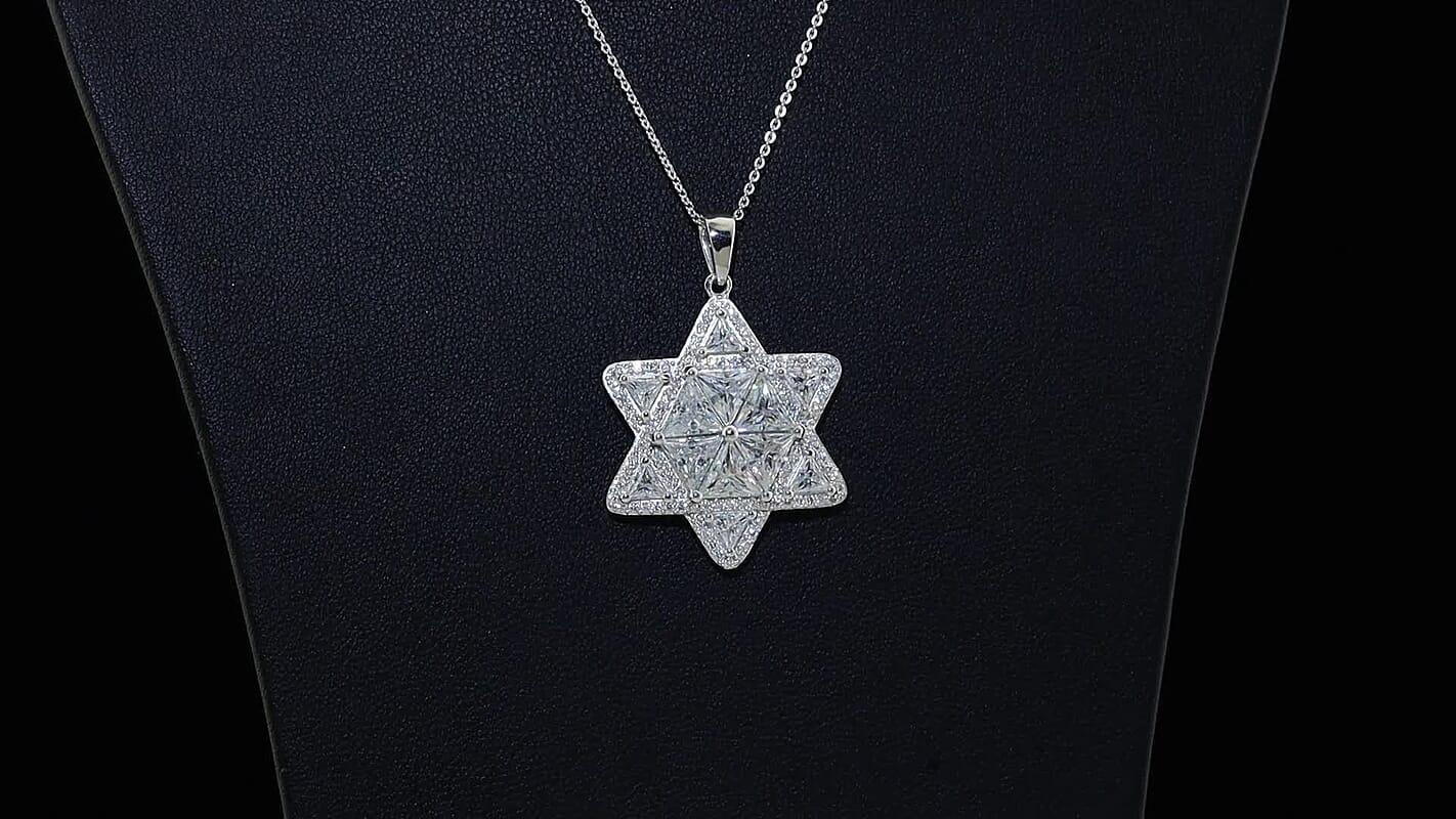 D'Joy Moissanite (Triangle 6mm) Star of Light Pendant Necklace (20 Inches) in Rhodium Over Sterling Silver 6.20 ctw