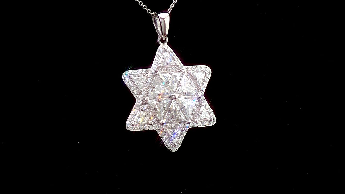 D'Joy Moissanite (Triangle 6mm) Star of Light Pendant Necklace (20 Inches) in Rhodium Over Sterling Silver 6.20 ctw