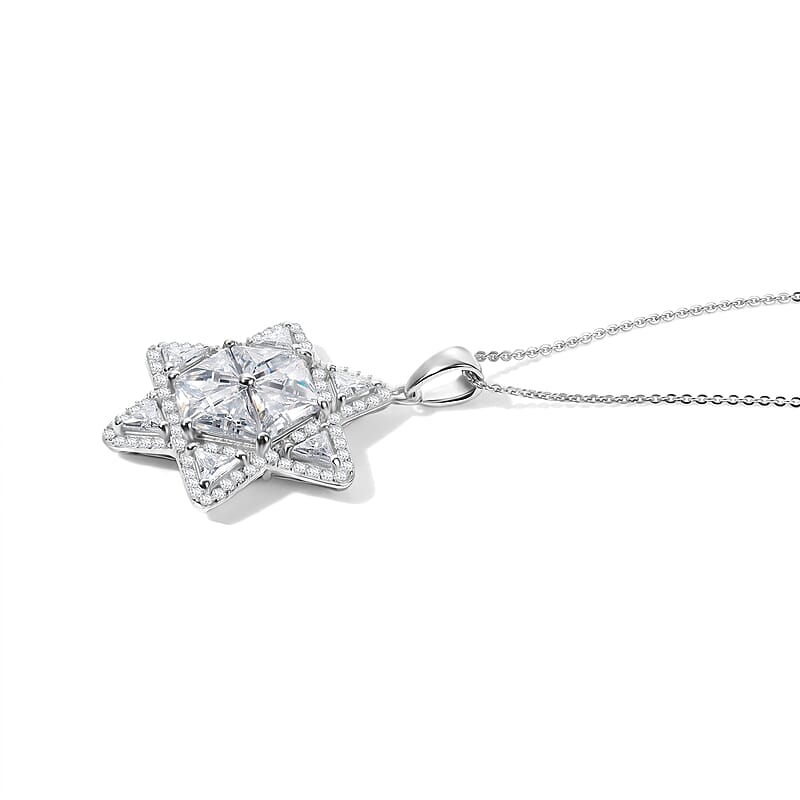 D'Joy Moissanite 6.20 ctw Star of Light Pendant Necklace (20 Inches) in Rhodium Over Sterling Silver