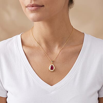 D'Joy Niassa Ruby (FF) and White Zircon 3.40 ctw Flame of Passion Pendant Necklace (20 Inches) in 18K Vermeil YG Over Sterling Silver