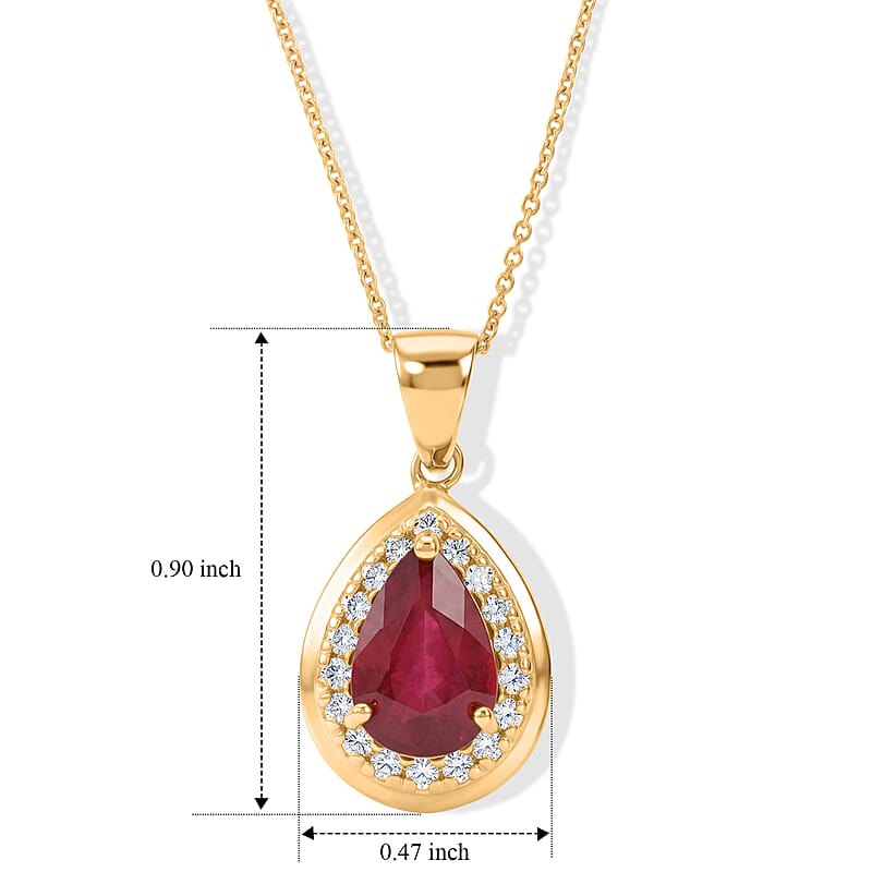 D'Joy Niassa Ruby (FF) and White Zircon 3.40 ctw Flame of Passion Pendant Necklace (20 Inches) in 18K Vermeil YG Over Sterling Silver