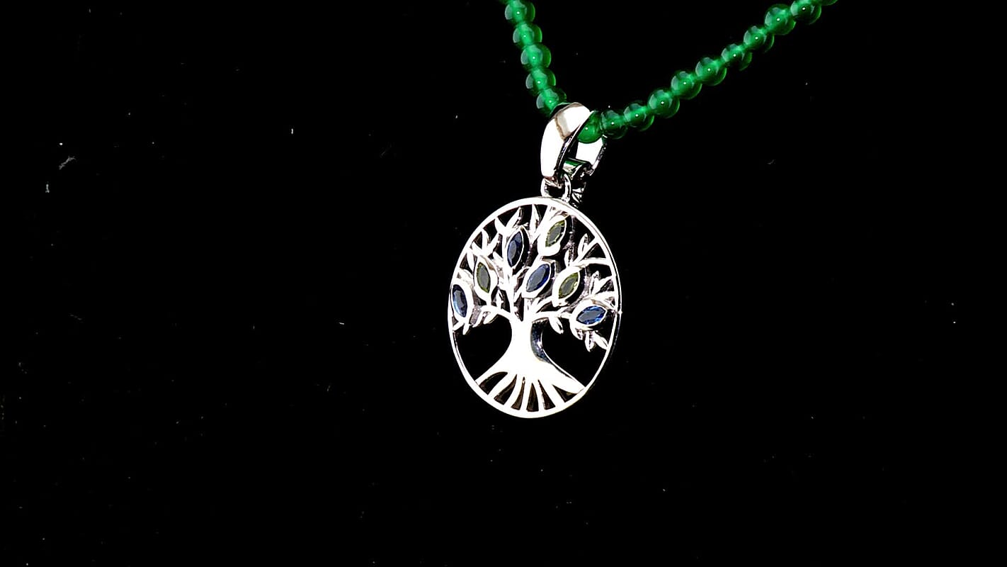 D''Joy Passport to Israel Kashmir Kyanite, Hebei Peridot Pendant with Beaded Necklace (18 Inches) in Rhodium Over Sterling Silver 70.80 ctw
