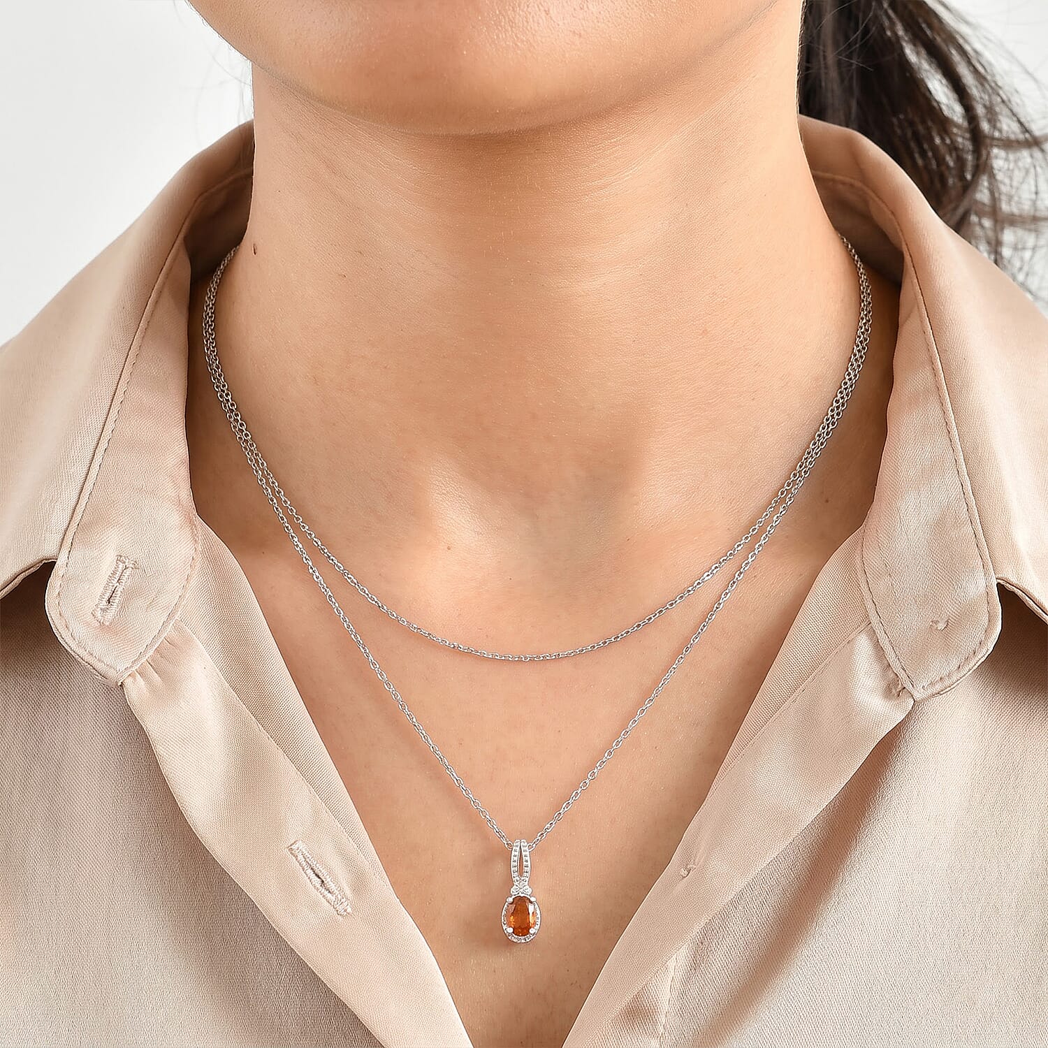 D'Joy Tangerine Kyanite and White Zircon 1.15 ctw Pendant Necklace in Rhodium Over Sterling Silver 20 Inches